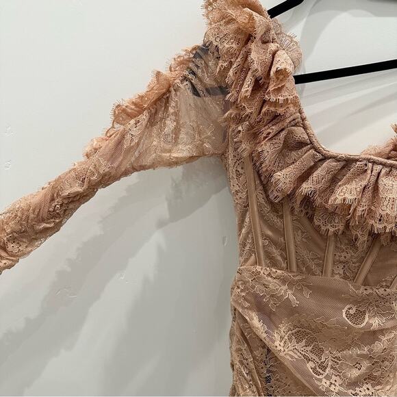 NWT House Of CB Adele Biscuit Asymmetrical Mini Ruffle Dress. - Picture 10 of 15